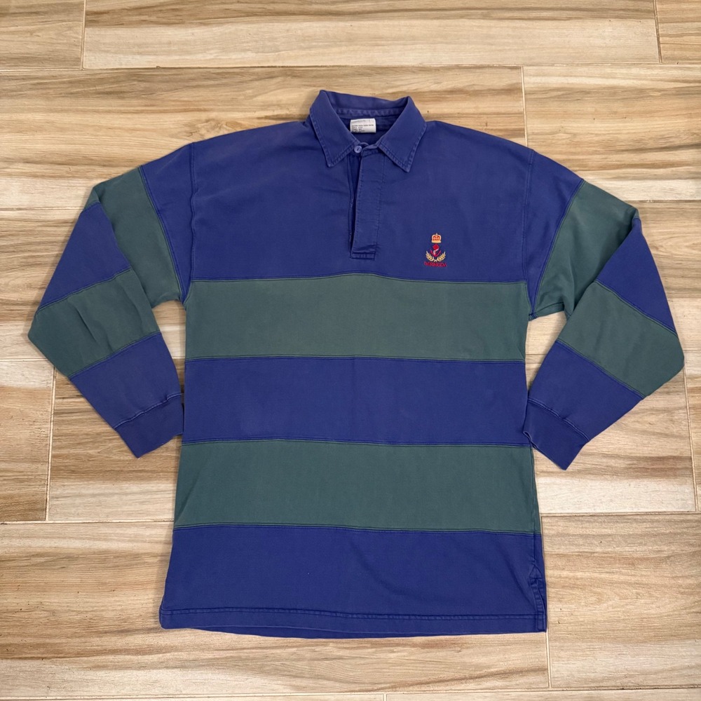 Davisons of Bermuda Rugby Shirt Mens Large Blue Green Striped Long Sleeve Cotton